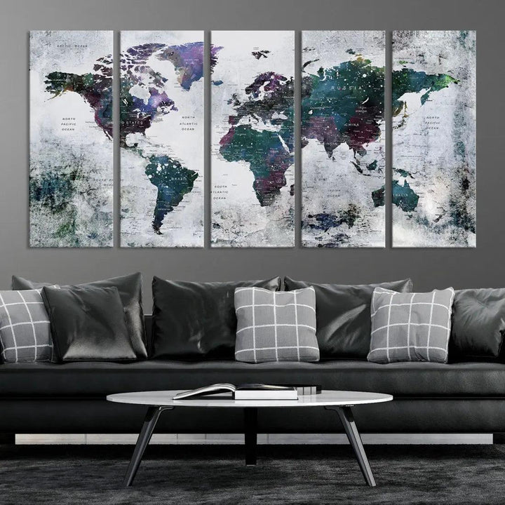 Modern World Map Wall Art Canvas Print Grunge Artwork Dining Room Kitchen Decor