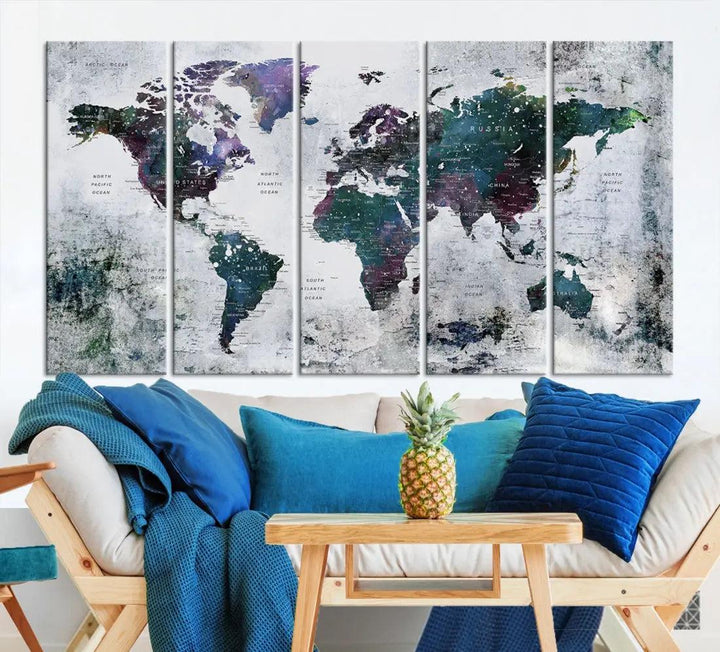 Modern World Map Wall Art Canvas Print Grunge Artwork Dining Room Kitchen Decor