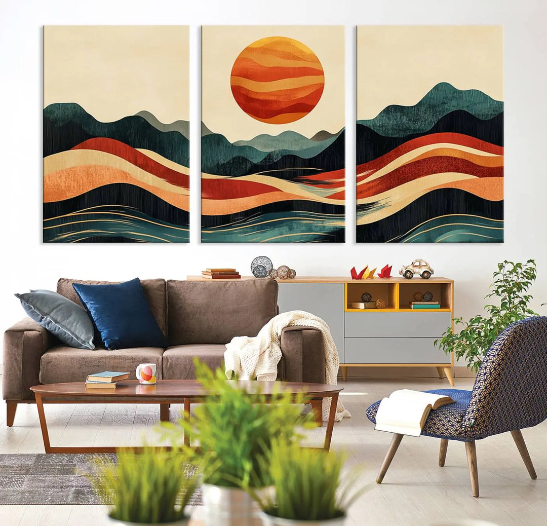 Mountain Triptych Wall Art - Western Nature Prints - Framed Boho Pine Tree Canvas for Log Cabin or Southwest Decor