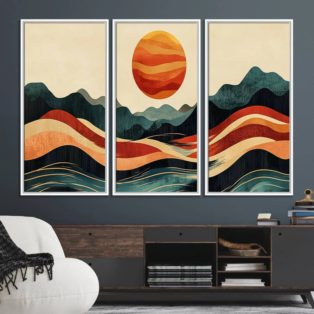 Mountain Triptych Wall Art - Western Nature Prints - Framed Boho Pine Tree Canvas for Log Cabin or Southwest Decor