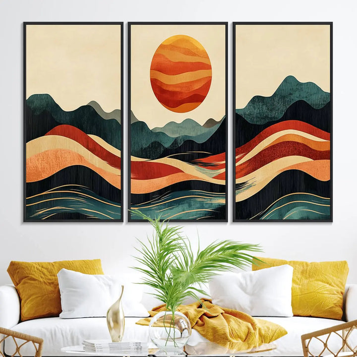 Mountain Triptych Wall Art - Western Nature Prints - Framed Boho Pine Tree Canvas for Log Cabin or Southwest Decor