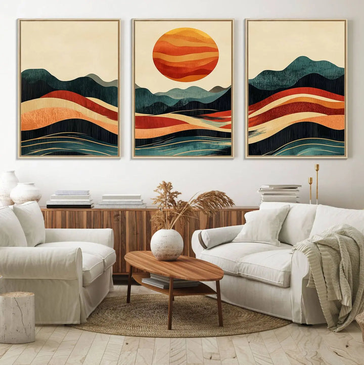 Mountain Triptych Wall Art - Western Nature Prints - Framed Boho Pine Tree Canvas for Log Cabin or Southwest Decor