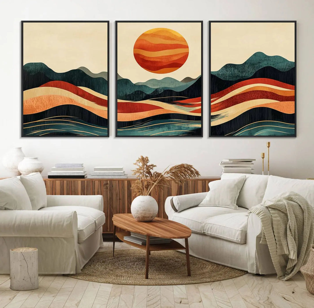 Mountain Triptych Wall Art - Western Nature Prints - Framed Boho Pine Tree Canvas for Log Cabin or Southwest Decor