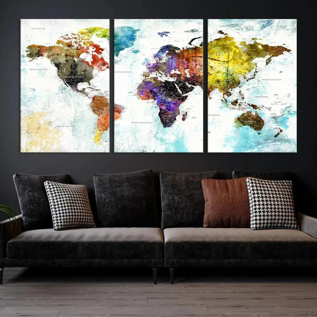 Multicolor Large World Map Wall Art Canvas