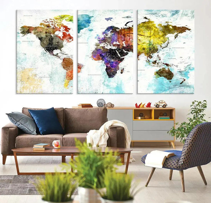 Multicolor Large World Map Wall Art Canvas