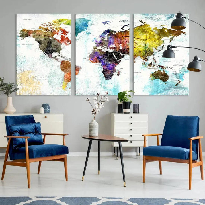 Multicolor Large World Map Wall Art Canvas