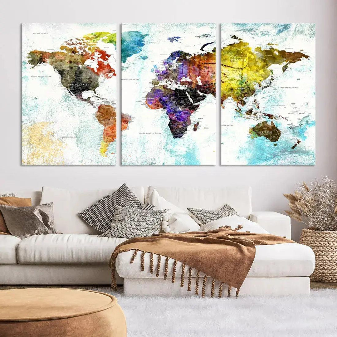 Multicolor Large World Map Wall Art Canvas