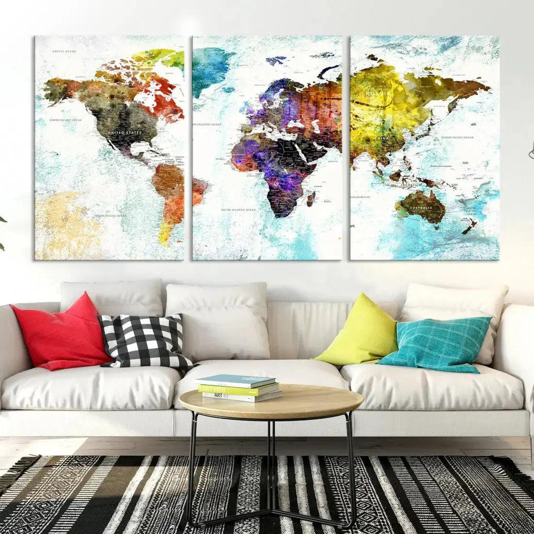 Multicolor Large World Map Wall Art Canvas