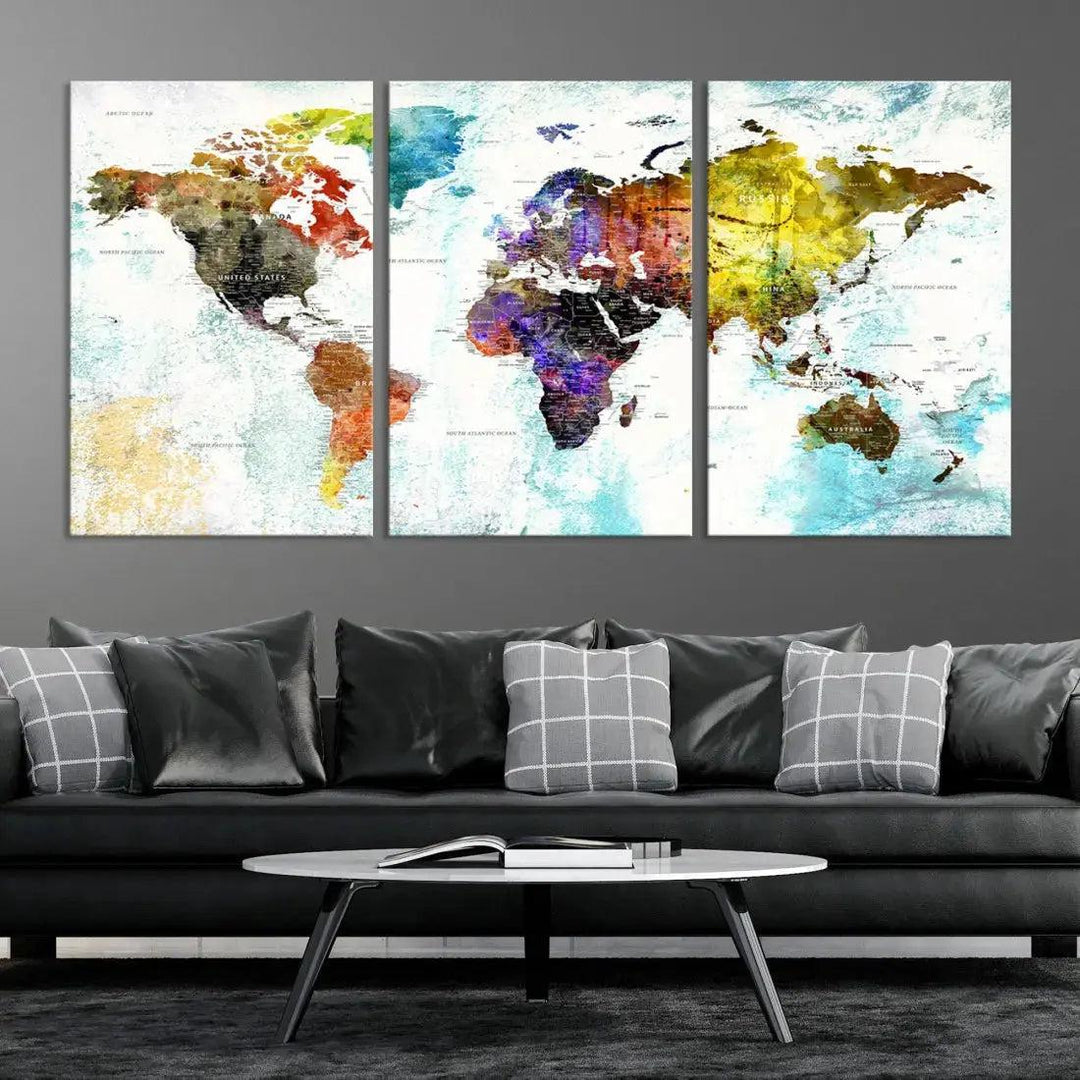 Multicolor Large World Map Wall Art Canvas