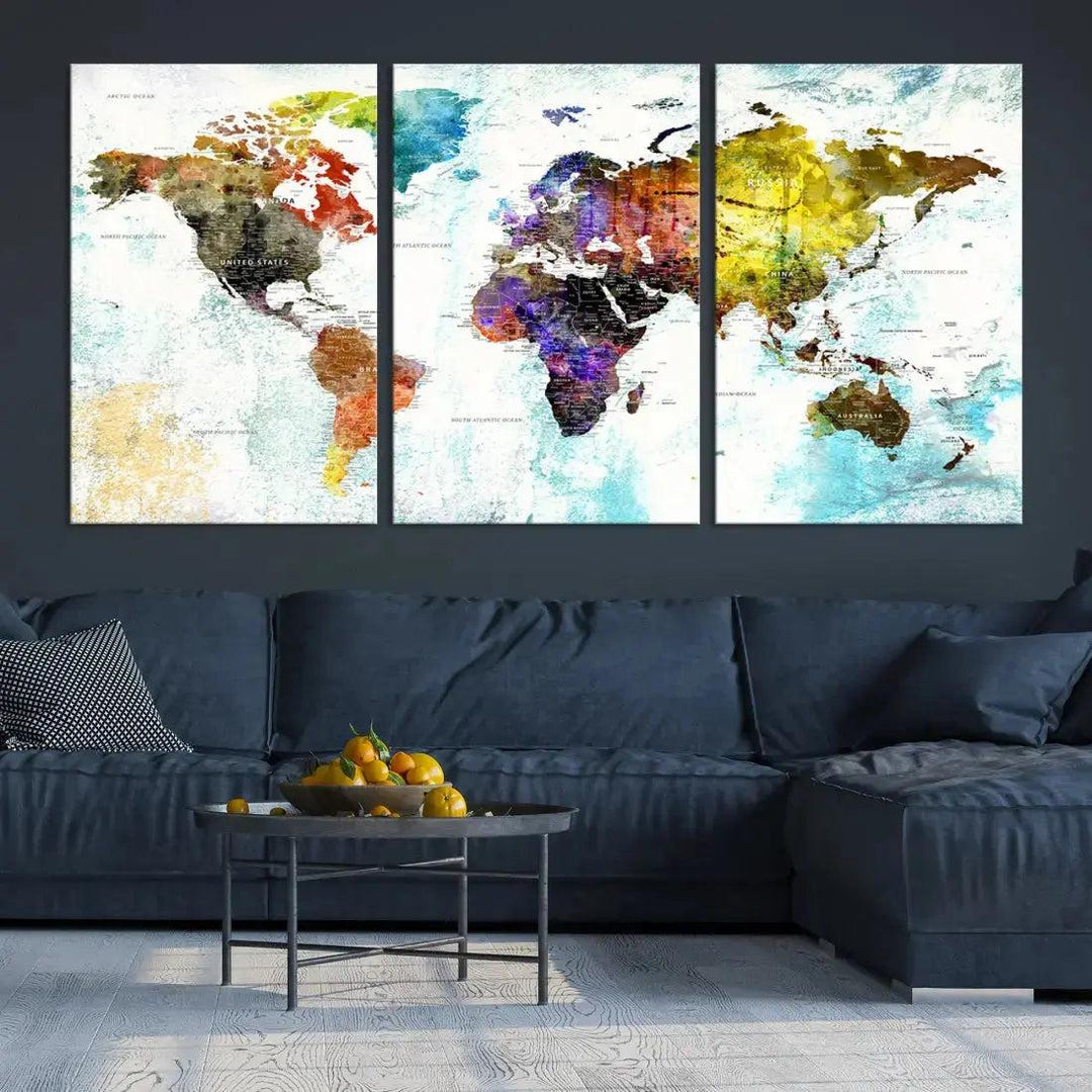 Multicolor Large World Map Wall Art Canvas