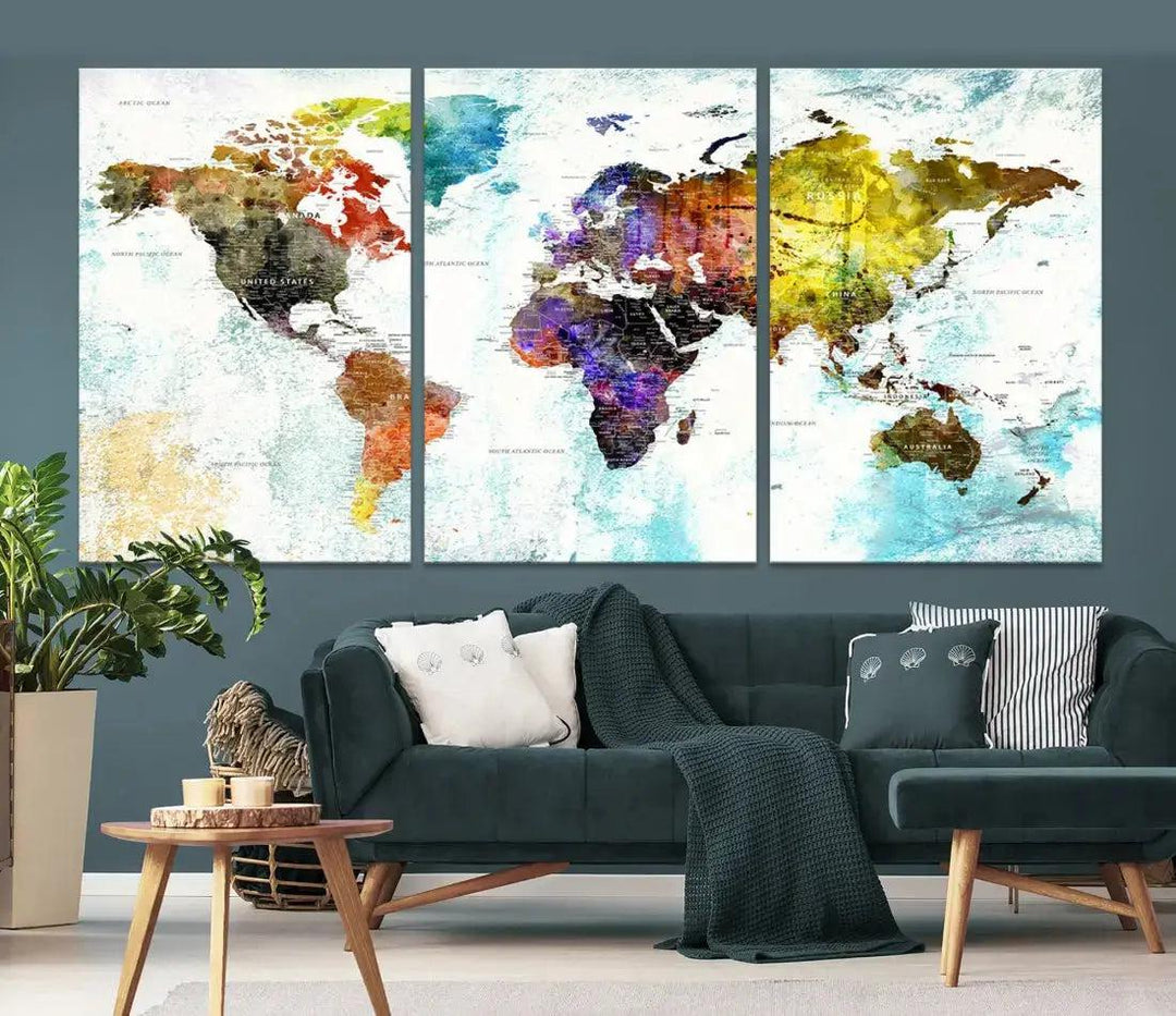 Multicolor Large World Map Wall Art Canvas