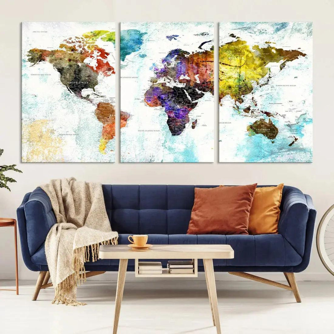 Multicolor Large World Map Wall Art Canvas