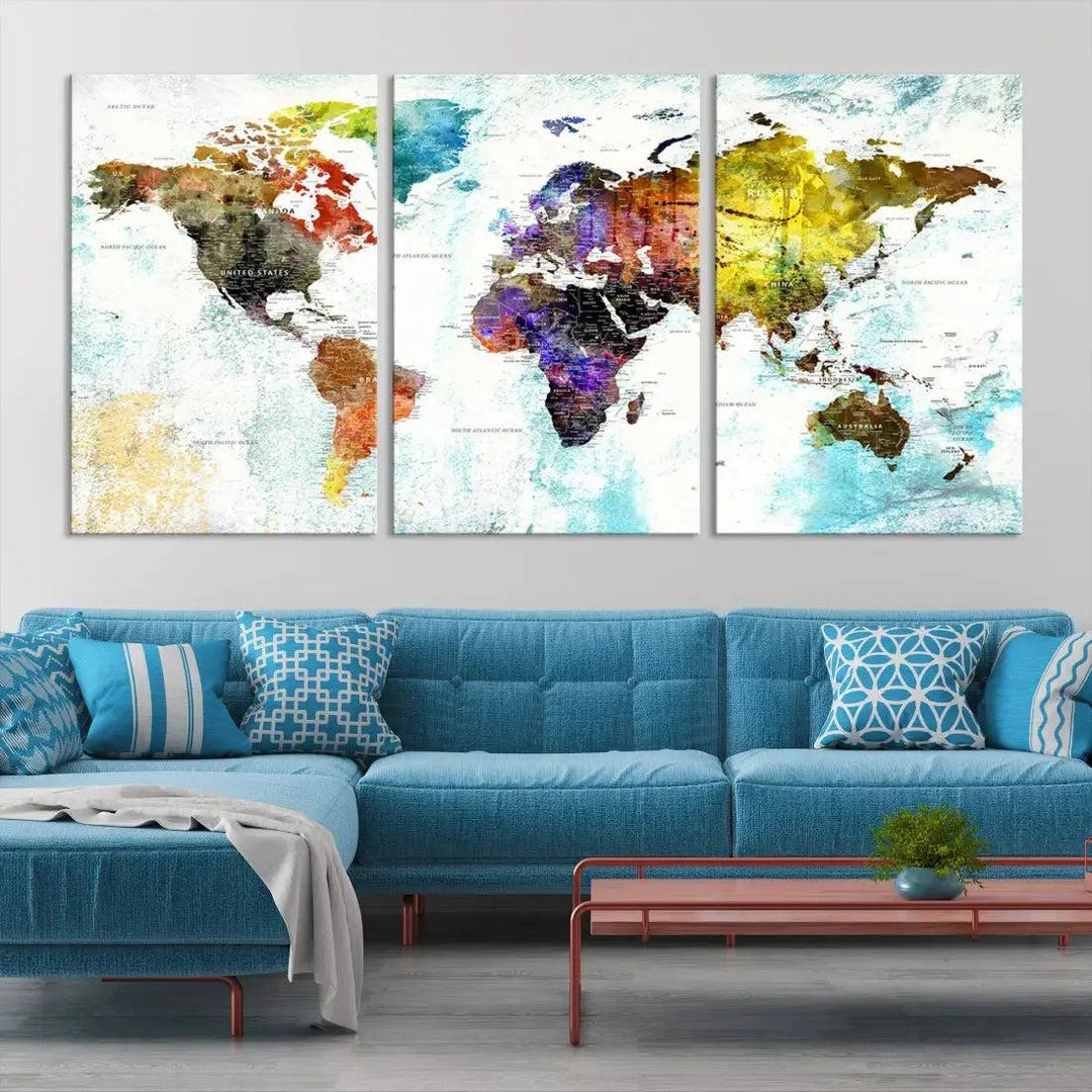 Multicolor Large World Map Wall Art Canvas