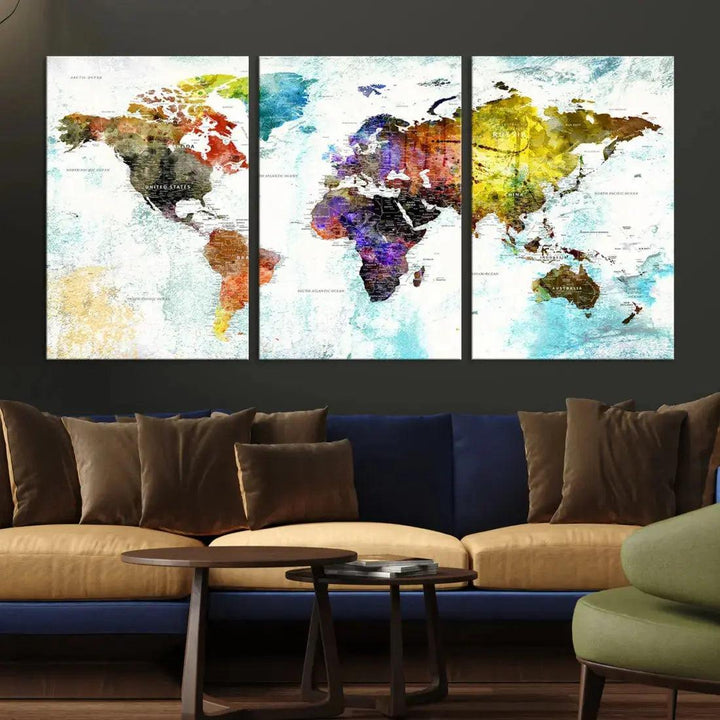 Multicolor Large World Map Wall Art Canvas