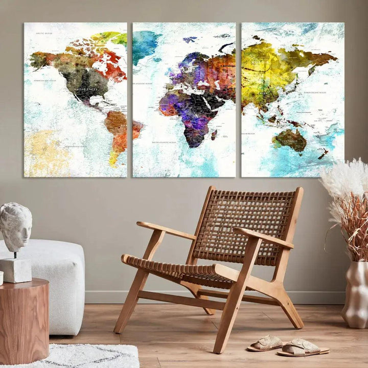 Multicolor Large World Map Wall Art Canvas