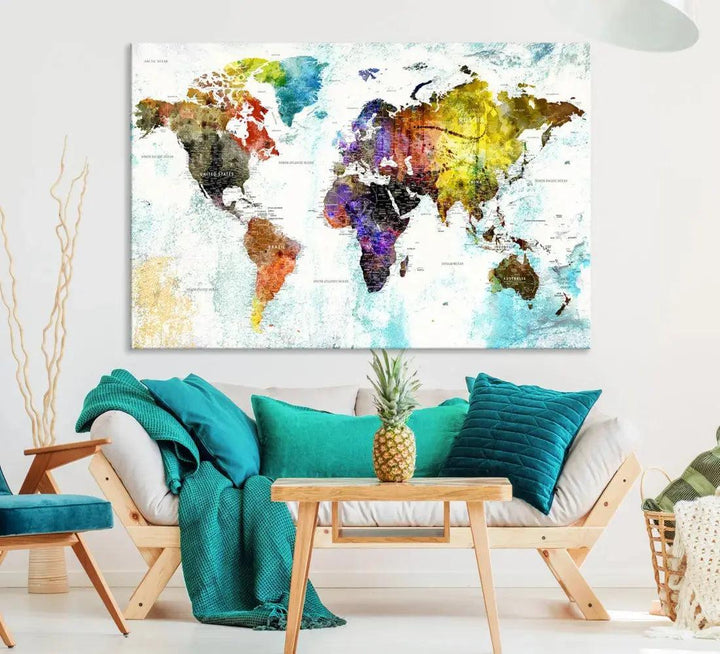 Multicolor Large World Map Wall Art Canvas