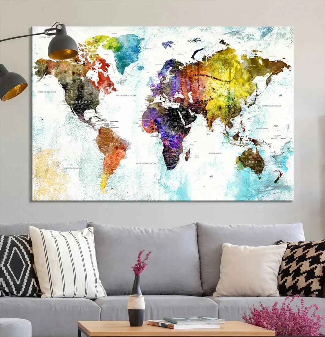 Multicolor Large World Map Wall Art Canvas