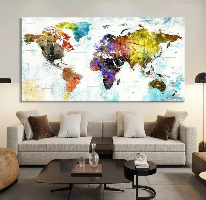 Multicolor Large World Map Wall Art Canvas