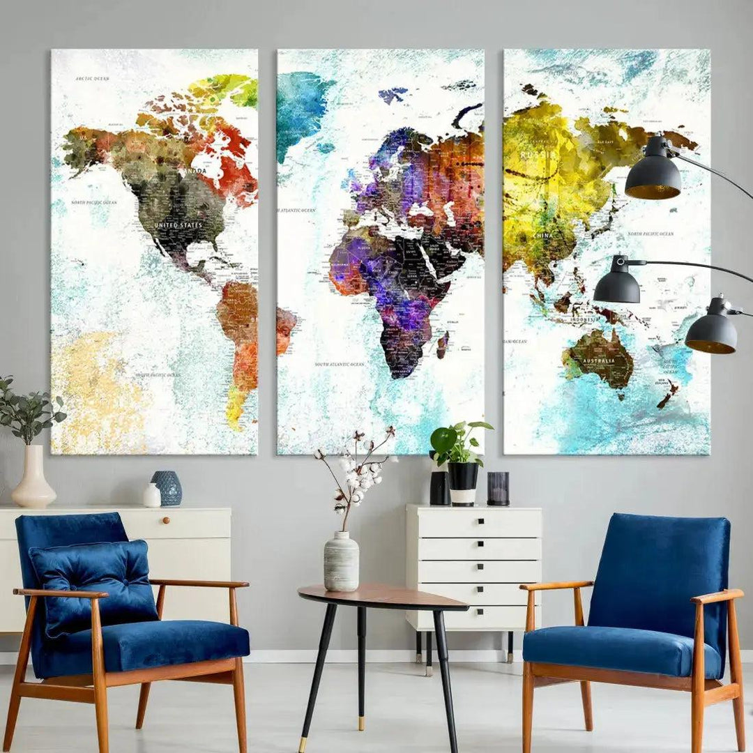 Multicolor Large World Map Wall Art Canvas