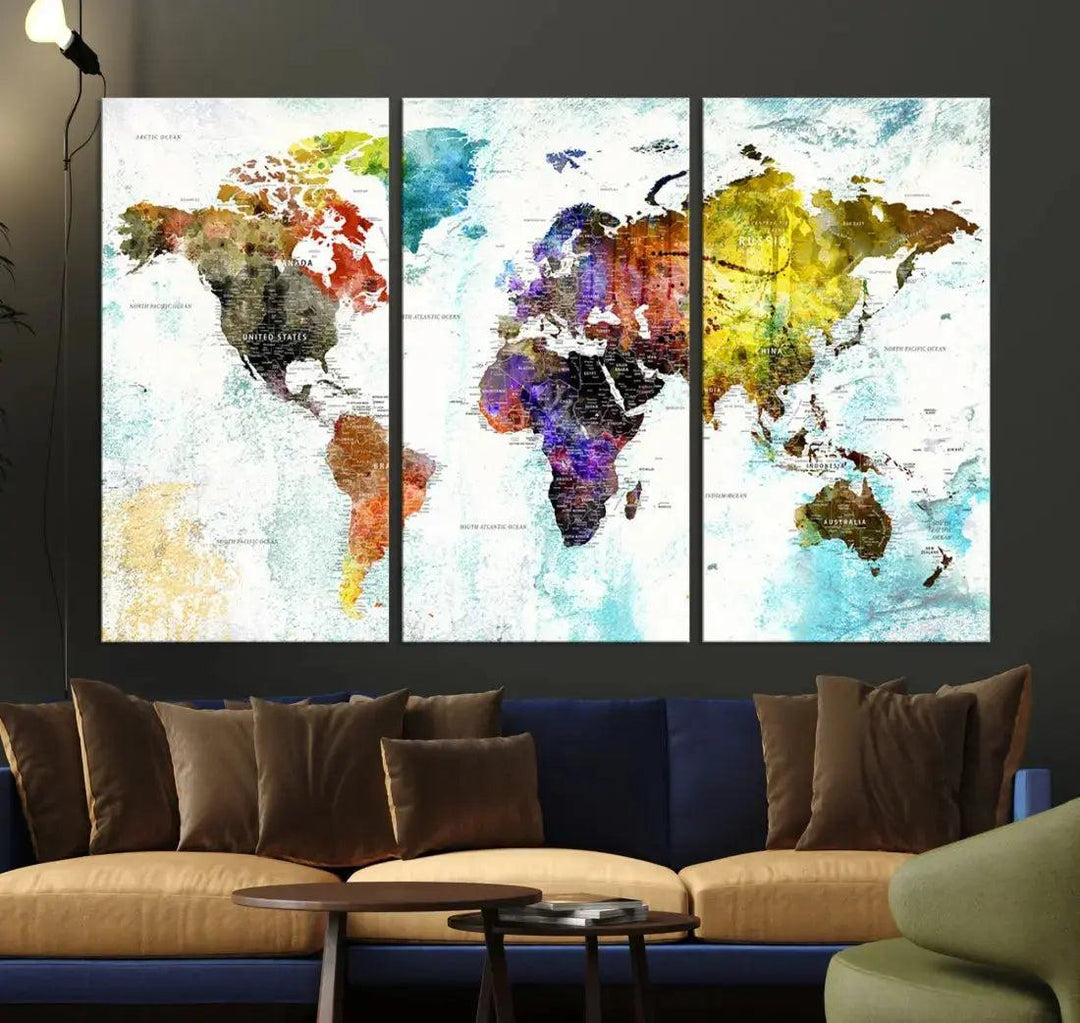 Multicolor Large World Map Wall Art Canvas