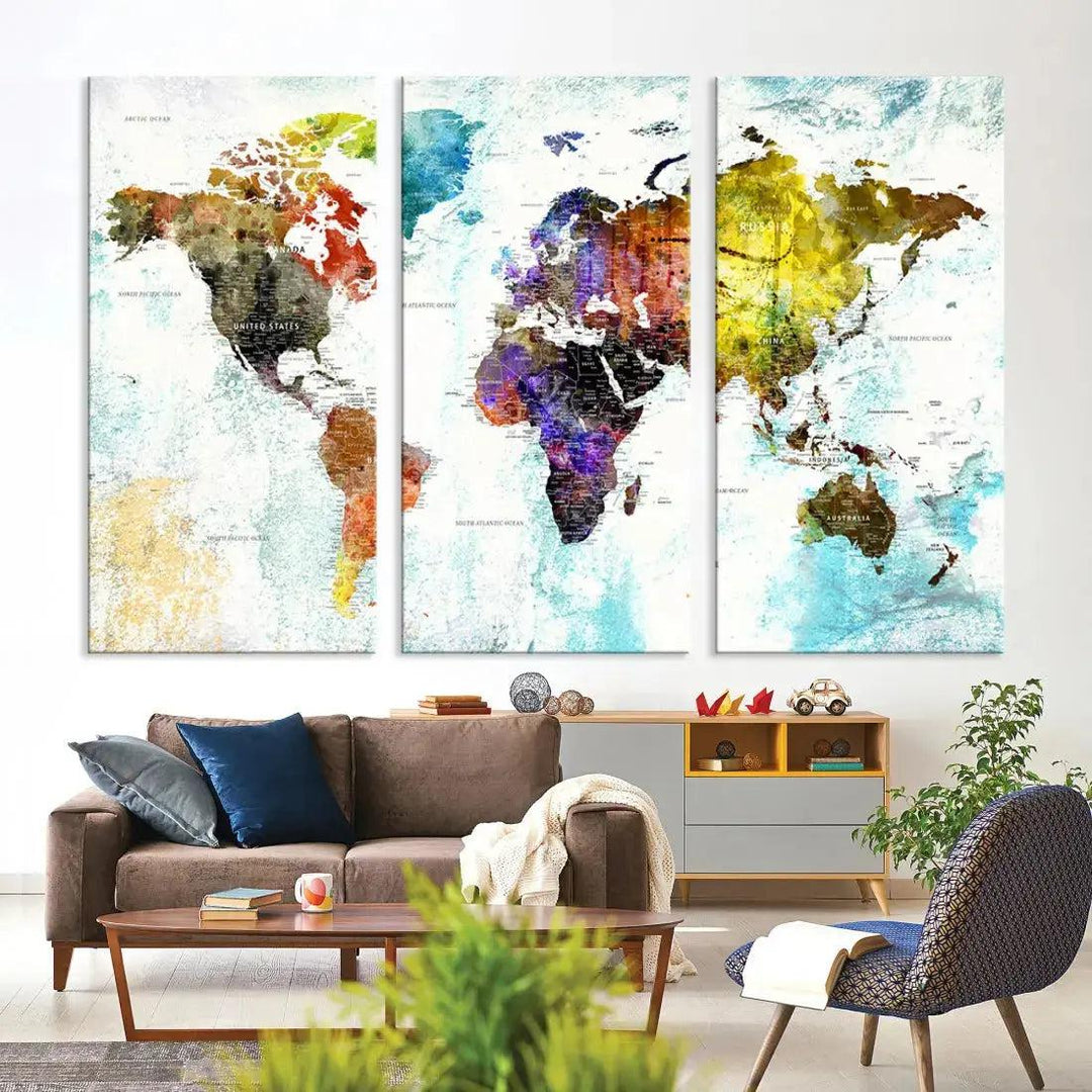 Multicolor Large World Map Wall Art Canvas