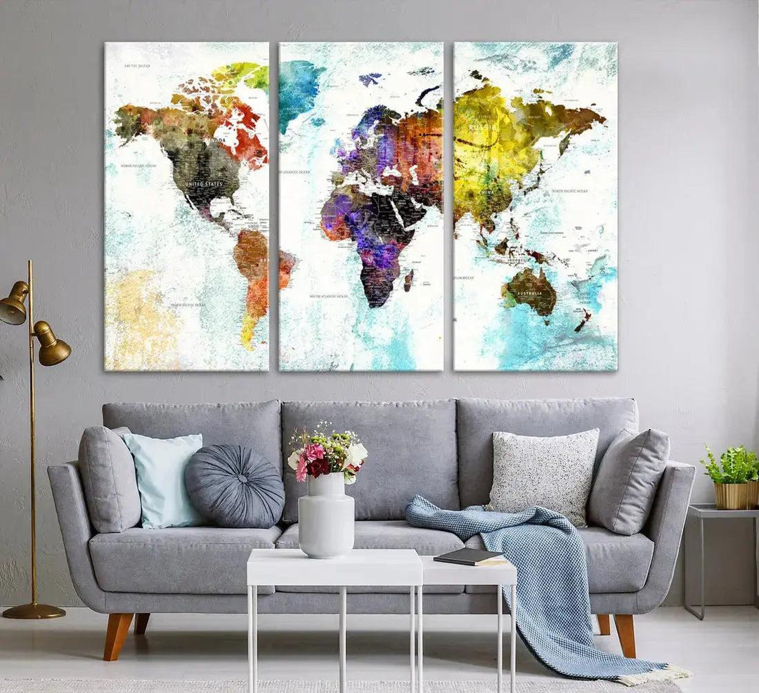 Multicolor Large World Map Wall Art Canvas