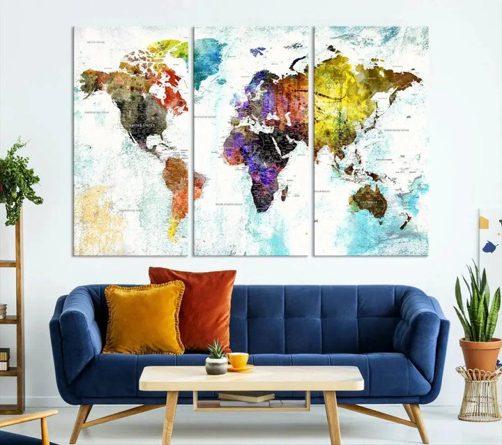 Multicolor Large World Map Wall Art Canvas