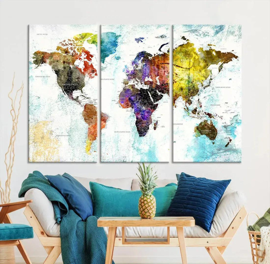 Multicolor Large World Map Wall Art Canvas