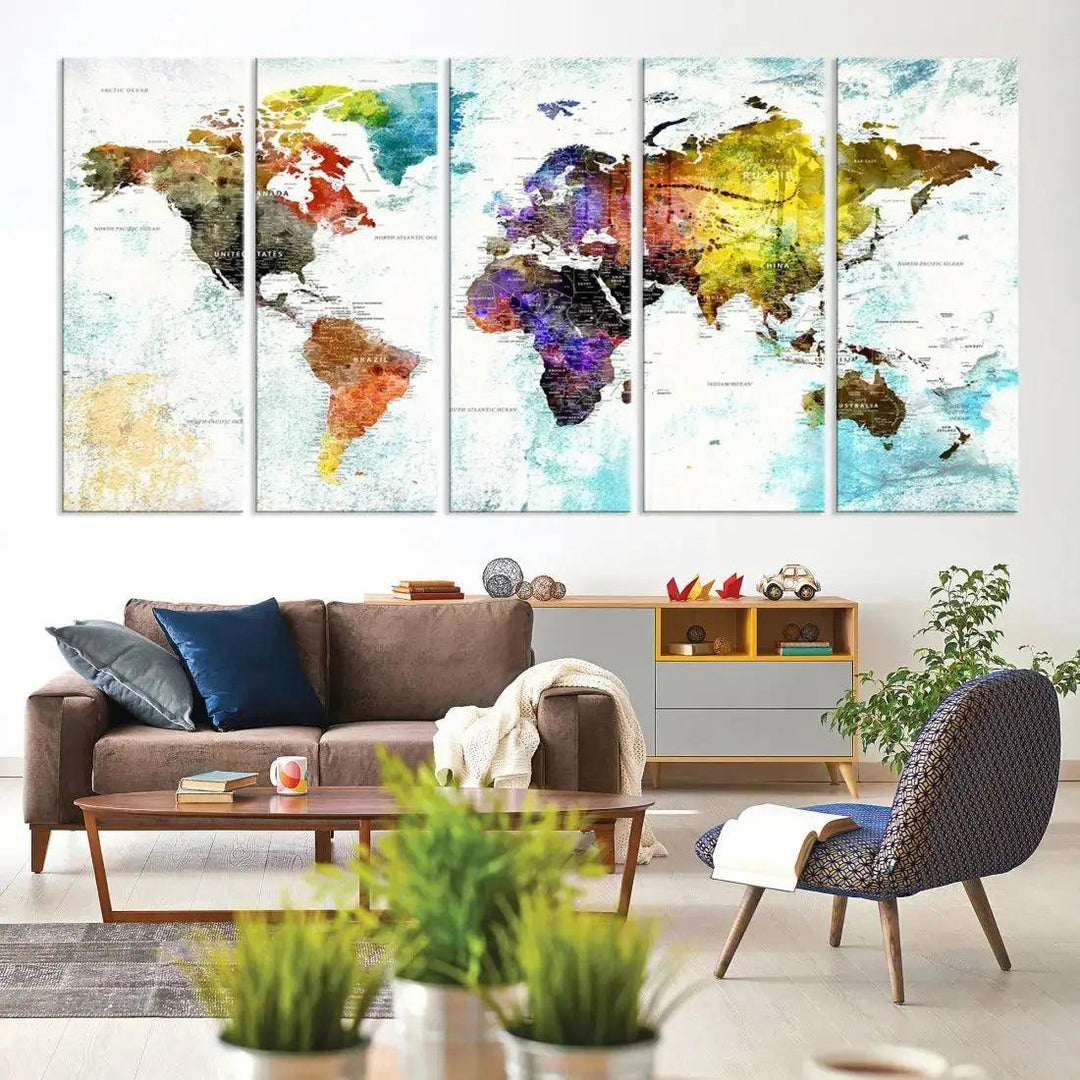 Multicolor Large World Map Wall Art Canvas