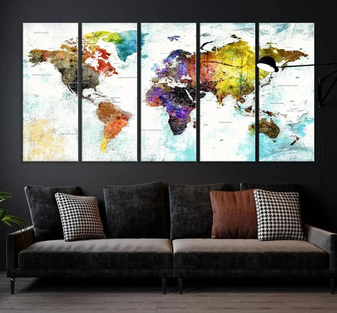 Multicolor Large World Map Wall Art Canvas