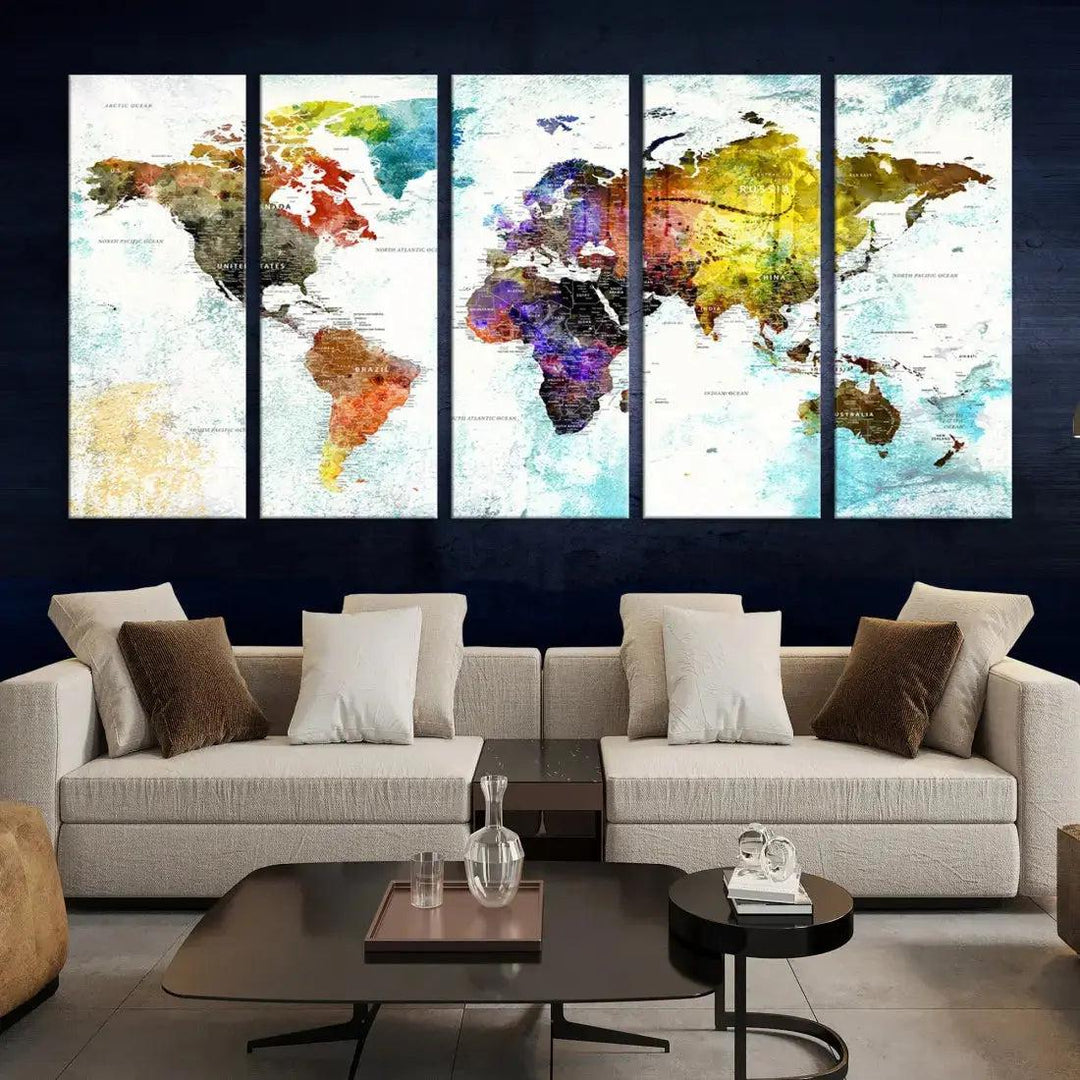 Multicolor Large World Map Wall Art Canvas