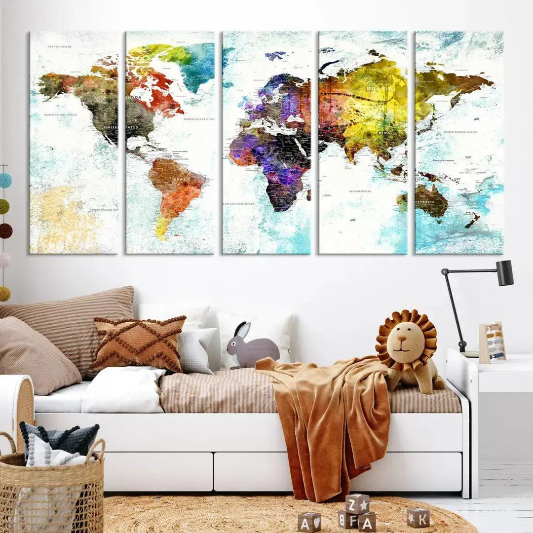 Multicolor Large World Map Wall Art Canvas