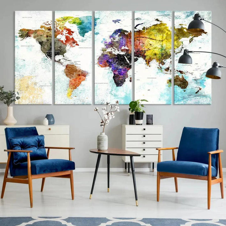 Multicolor Large World Map Wall Art Canvas