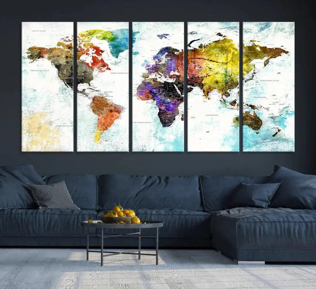 Multicolor Large World Map Wall Art Canvas