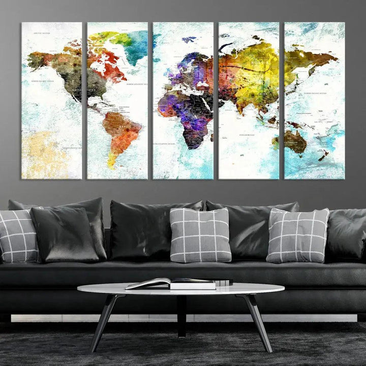 Multicolor Large World Map Wall Art Canvas