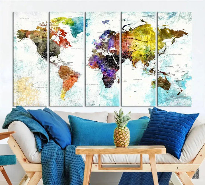 Multicolor Large World Map Wall Art Canvas