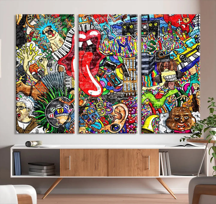 Music Collage on Brick Wall Street Graffiti Wall Art Canvas Print Modern Art