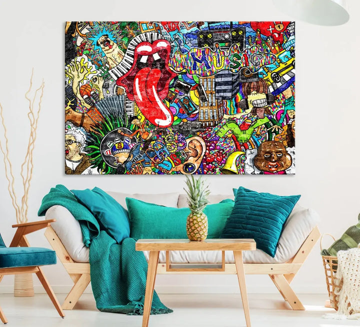 Music Collage on Brick Wall Street Graffiti Wall Art Canvas Print Modern Art