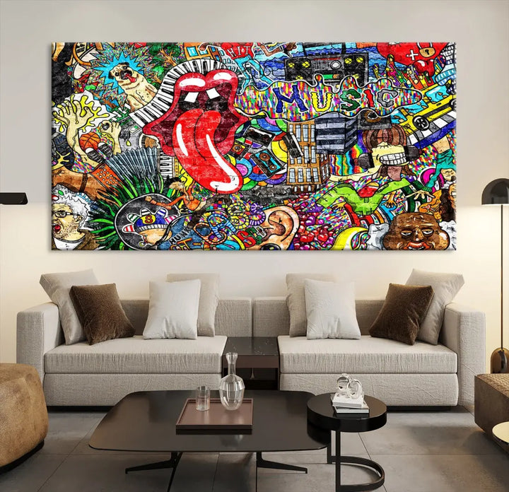 Music Collage on Brick Wall Street Graffiti Wall Art Canvas Print Modern Art