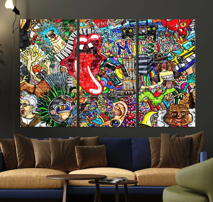 Music Collage on Brick Wall Street Graffiti Wall Art Canvas Print Modern Art