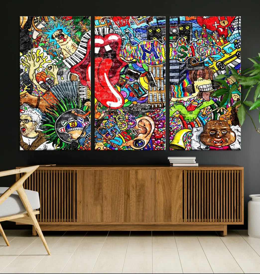 Music Collage on Brick Wall Street Graffiti Wall Art Canvas Print Modern Art