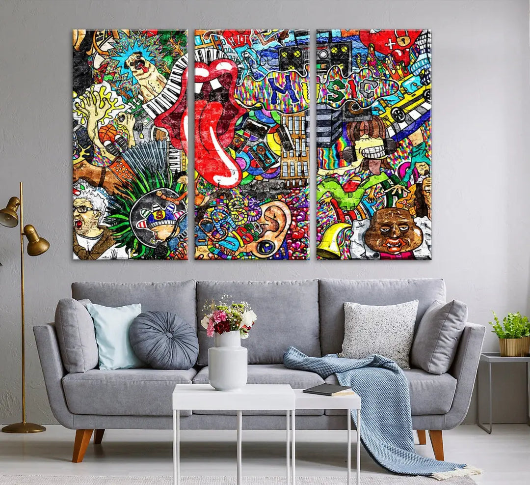 Music Collage on Brick Wall Street Graffiti Wall Art Canvas Print Modern Art