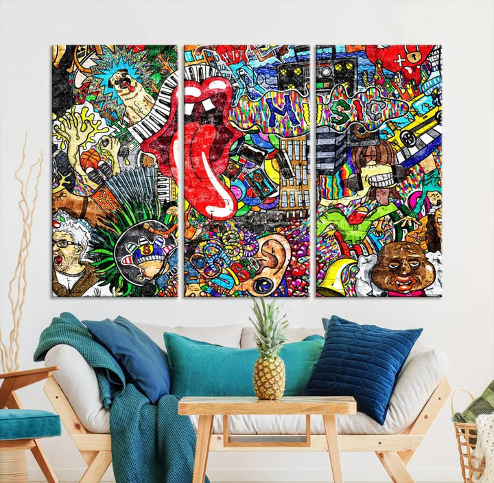 Music Collage on Brick Wall Street Graffiti Wall Art Canvas Print Modern Art