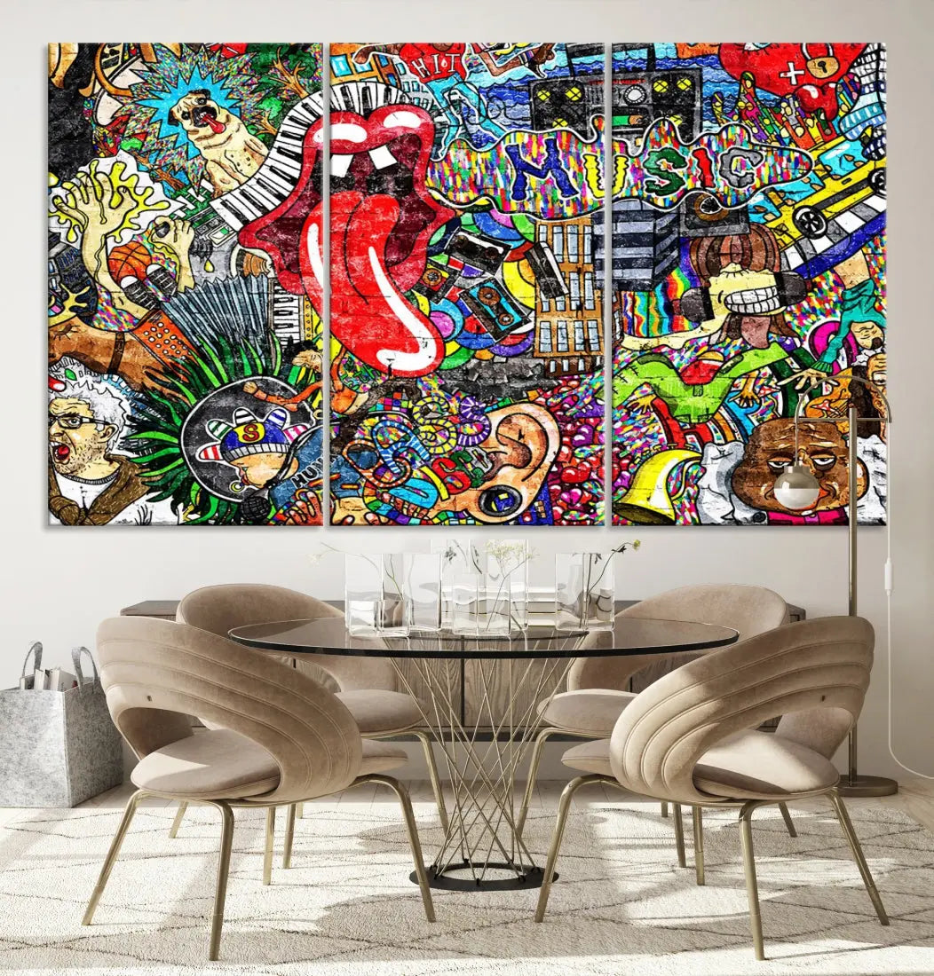 Music Collage on Brick Wall Street Graffiti Wall Art Canvas Print Modern Art