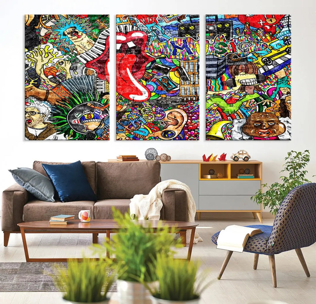 Music Collage on Brick Wall Street Graffiti Wall Art Canvas Print Modern Art