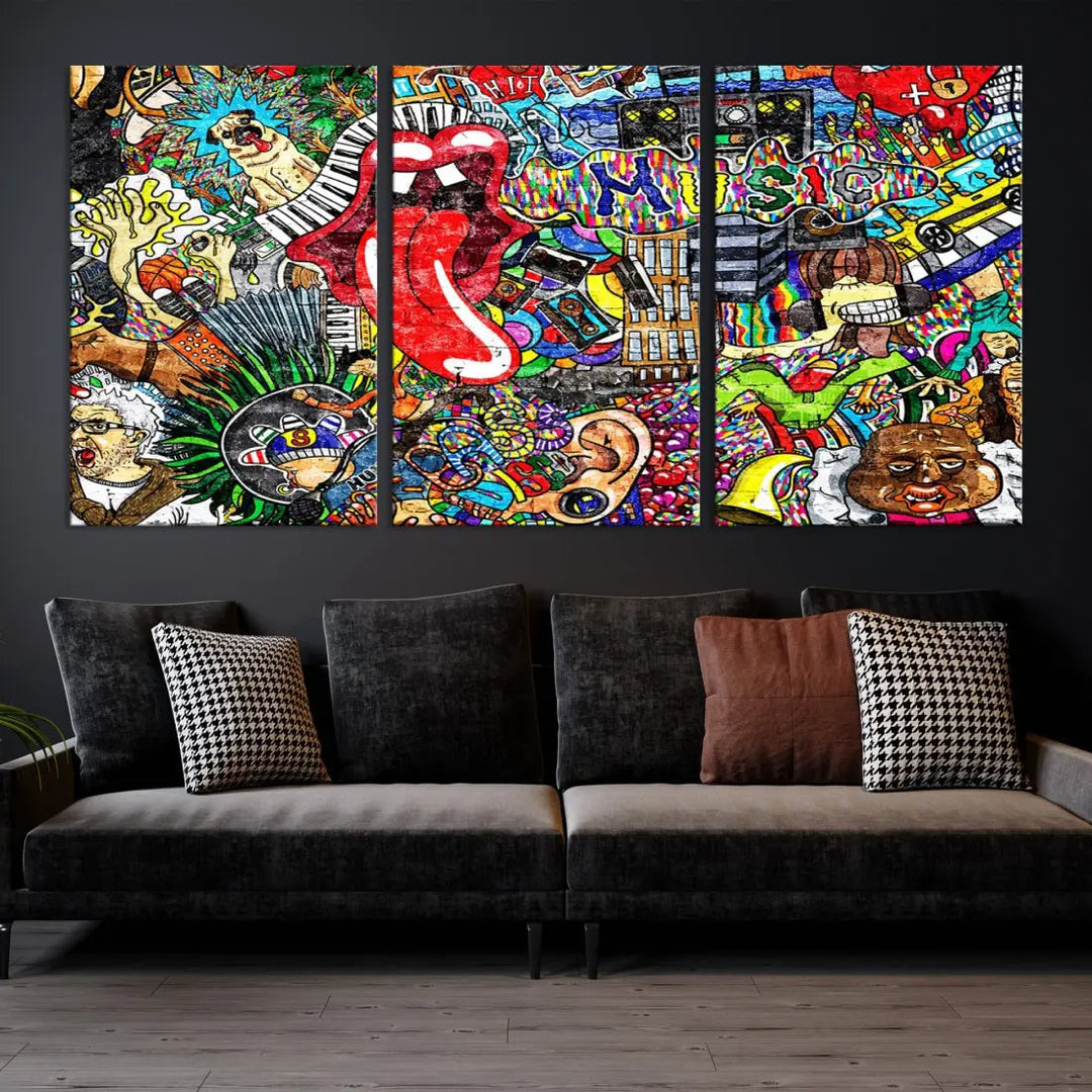 Music Collage on Brick Wall Street Graffiti Wall Art Canvas Print Modern Art