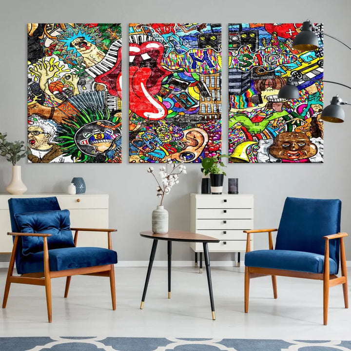 Music Collage on Brick Wall Street Graffiti Wall Art Canvas Print Modern Art