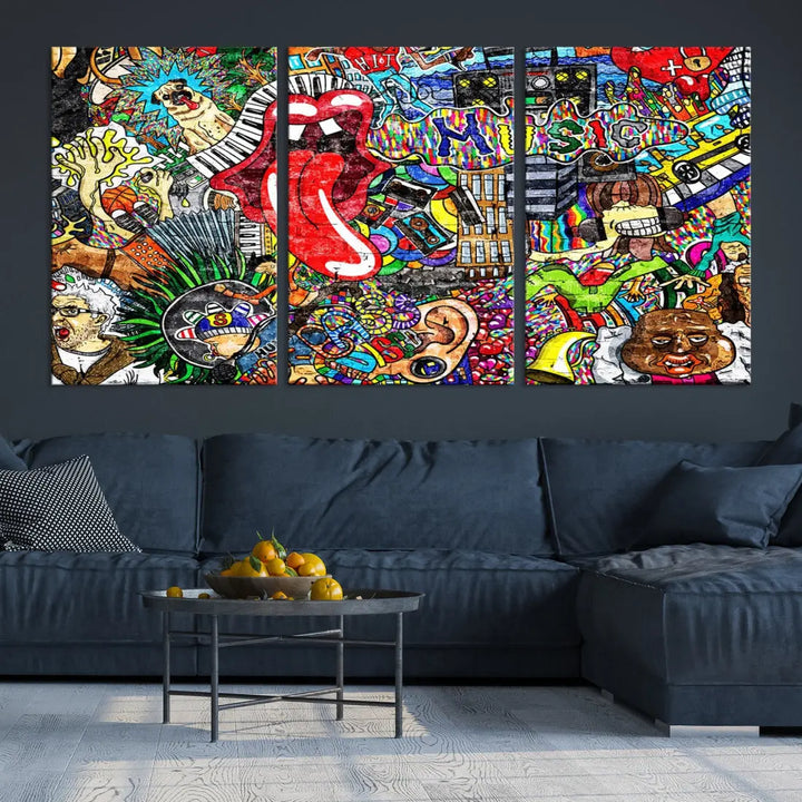 Music Collage on Brick Wall Street Graffiti Wall Art Canvas Print Modern Art