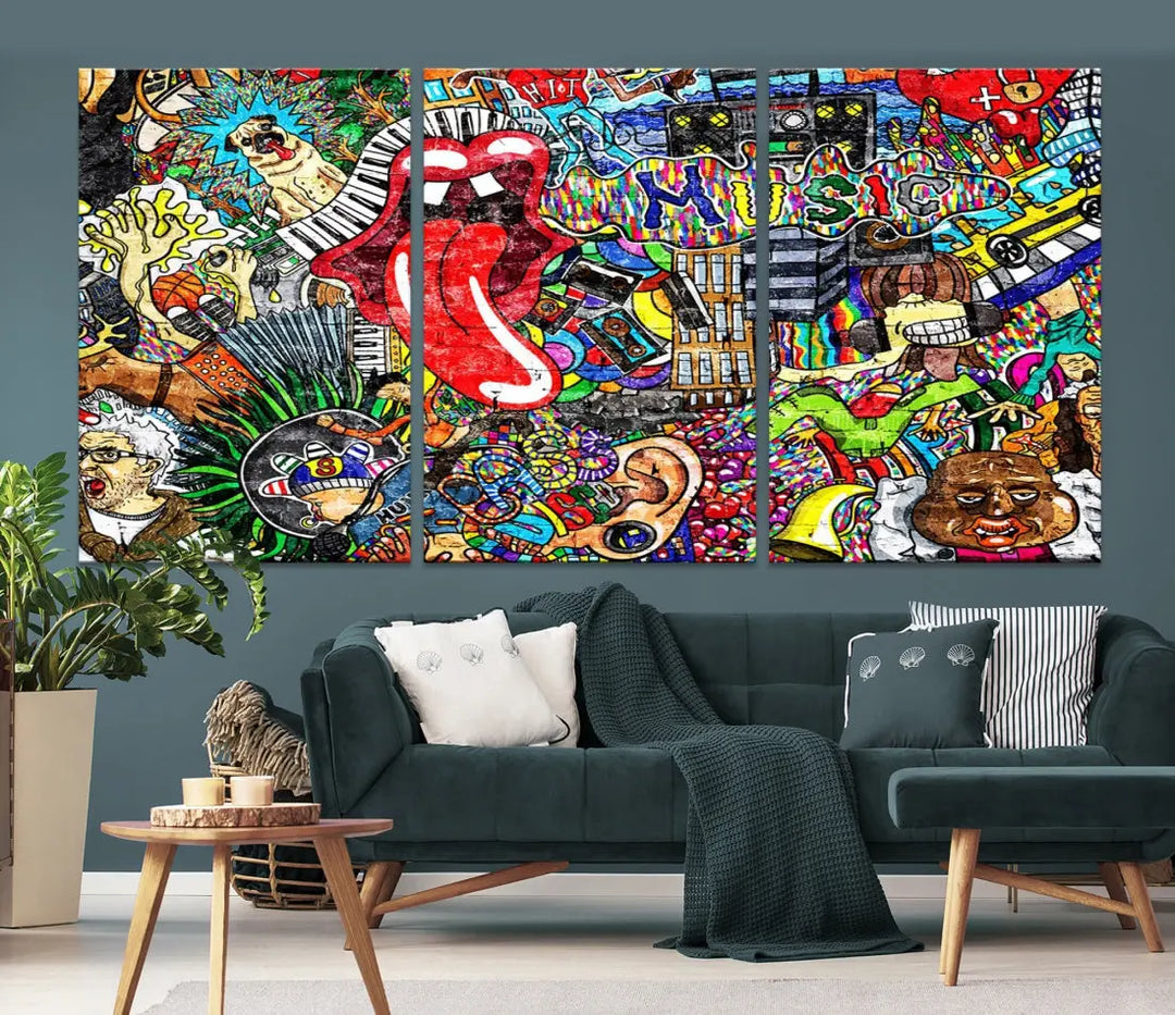 Music Collage on Brick Wall Street Graffiti Wall Art Canvas Print Modern Art