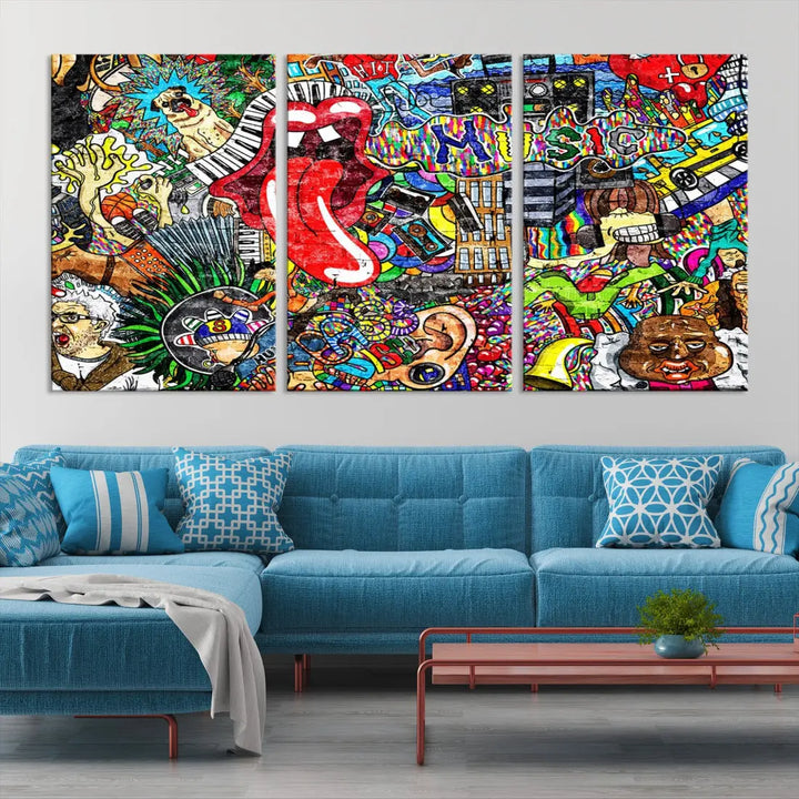 Music Collage on Brick Wall Street Graffiti Wall Art Canvas Print Modern Art